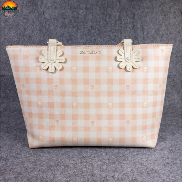 Betsey Johnson Tote Bag Purse W/ Mini Zip Pink White Gingham Plaid Skull Punk - Picture 2 of 16